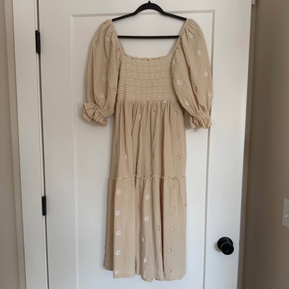 Smocked Square-Neck Midi Dress in Cream with Puff Sleeves